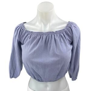 Brandy Melville Blue Linen Short Puff Sleeve Boat Neck Crop Blouse Top Size S